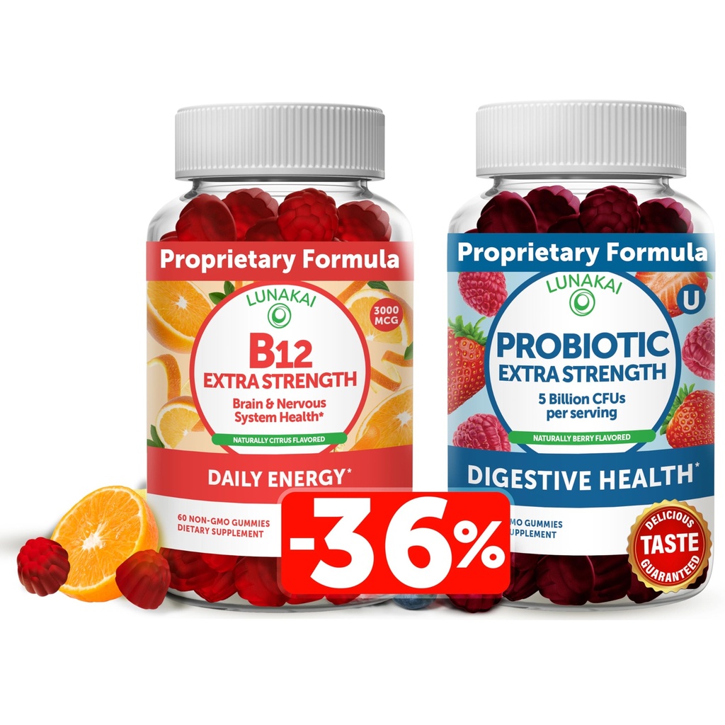 Lunakai Vitamine B12 en Probiotic Gummies Bundle - 3000 mcg Gummy voor volwassenen Energie Support en Bone Health - 5 Miljard CFUs per portie voor de spijsvertering Gut Health met vitamine C voor vrouwen en mannen