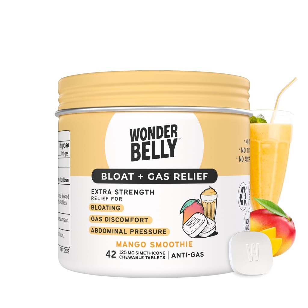 Wonderbelly Bloat + Gas Relief, Extra Sterkte Kauwtabletten, met 125 mg Simethicon, Geen Talk of Dye, Mango Smoothie, 42 Tellen