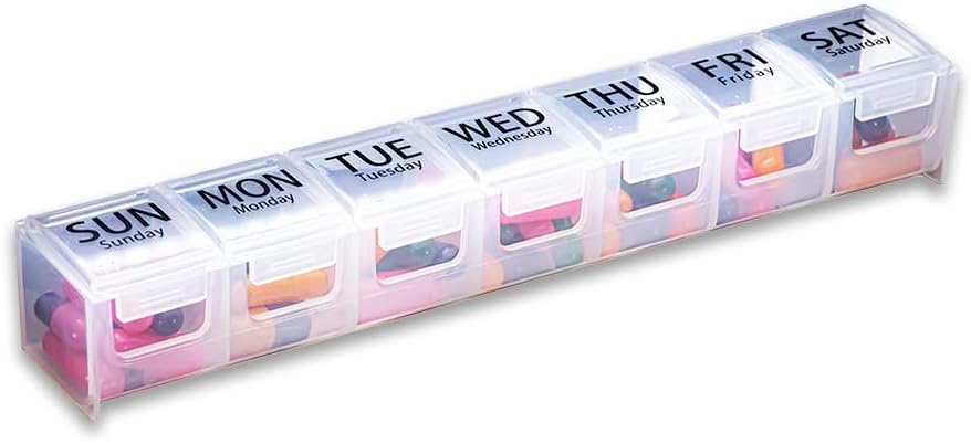 GMS Weekly Pill Organizer - 7-dagen Label Compartiment Pill Case voor Supplementen, Vitaminen en Medicatie - Veilige Latches - Ideaal voor dagelijks gebruik & Travel - Clear