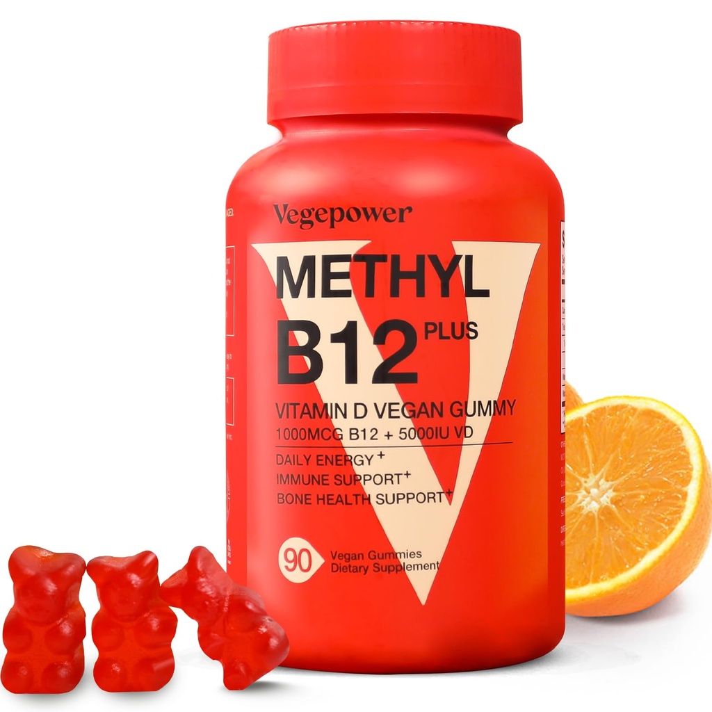 Vitamine B12 D3 Vegan Gummies - 90 Tel I 1000 MCG Methyl B12 & 5000 IE Vitamine D Gummy Kauwbare Supplementen voor volwassenen en kinderen - Immune Health & Daily Energy Boost - Non-GMO, Orange
