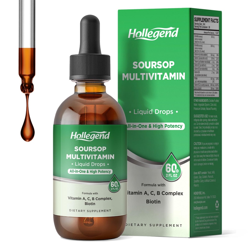Soursop Multivitamin Liquid Drops, Methylated Multivitamin with Graviola Soursop Bitters Liquid for Immune Support, Hair, Skin, Brain Health, 2 Fl Oz