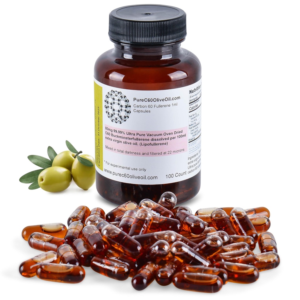 PureC60OliveOil C60 Biologische Olijfolie Capsules Pillen 100ml / 3,4 Fl Oz - 99,99% Carbon 60 Oplosmiddel Free 80mg - Food Grade - Carbon 60 Olijfolie - Van de toonaangevende wereldwijde producent