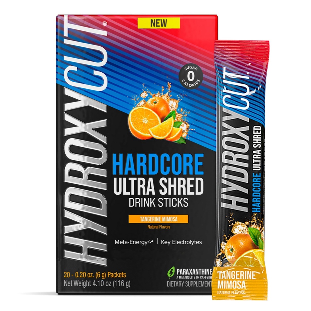 Hydroxycut Hardcore Ultra Shred Drink Sticks, Tangerine Mimosa - 20 Packets - Zero Sugar or Calories - Inclusief Paraxanthine & B Vitaminen - voor vrouwen en mannen