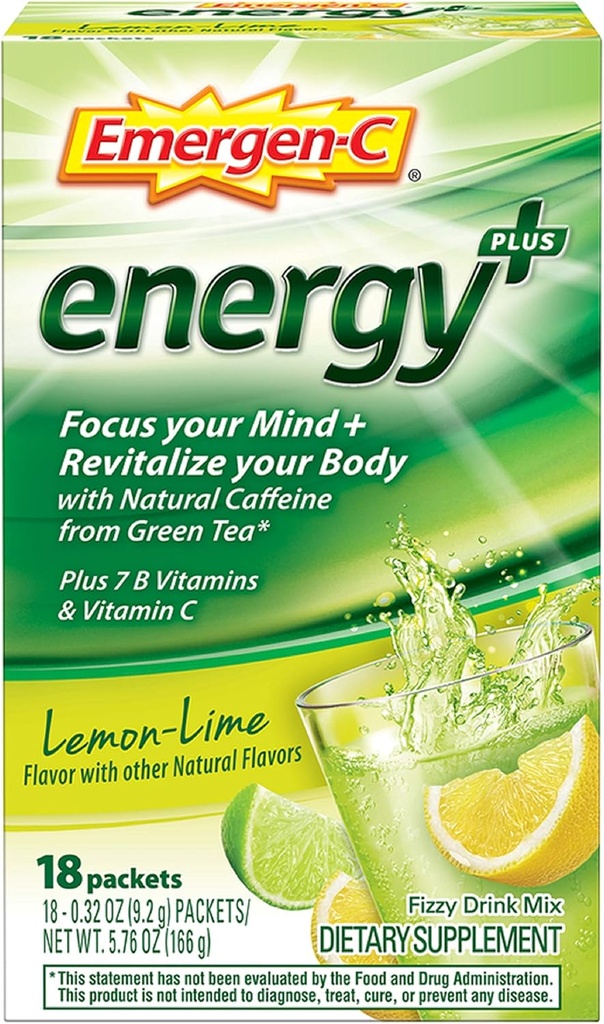 Emergen-C Energy+, met B-vitaminen, vitamine C en natuurlijke cafeïne van groene thee (18 telling, Blueberry Acai smaak) Dieetsupplement Drinkmix, 0,33 Ounce poederverpakkingen