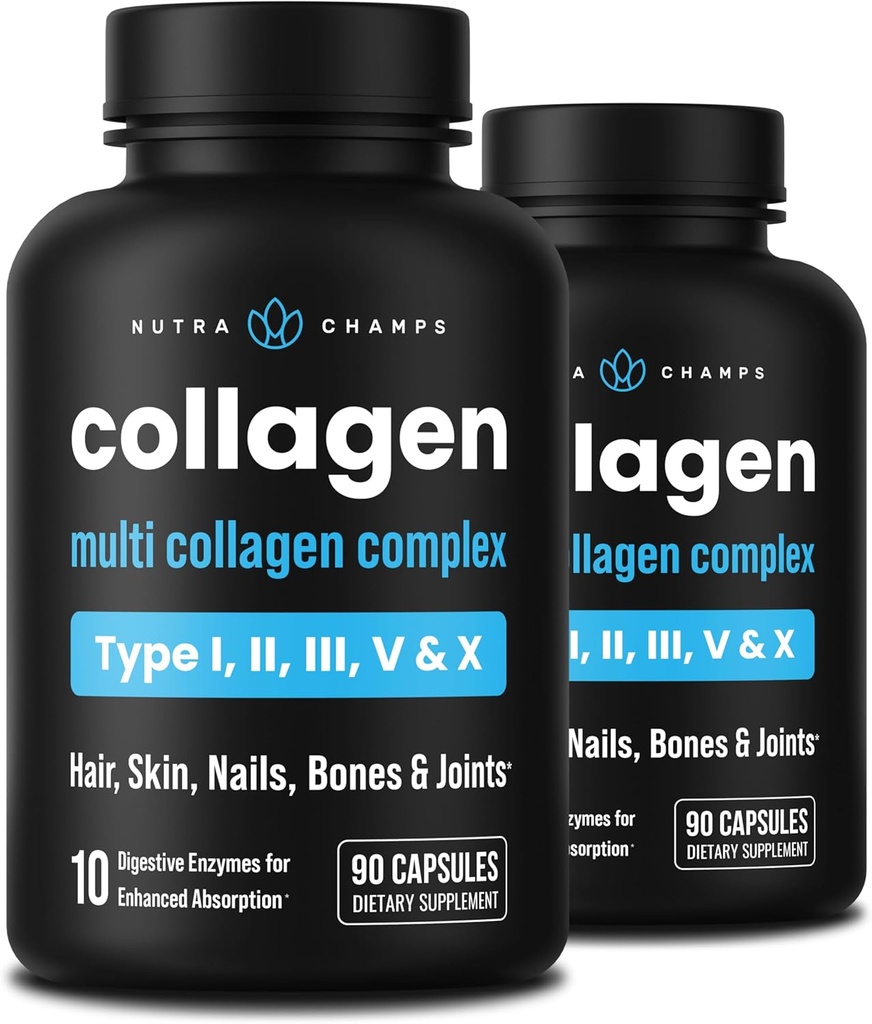 NutraChamps Multi Collagen Pills, Types I,II,III,V,X, Double Hydrolyzed Collagen Peptides Powder Capsules, Protein Supplement for Women & Men, 180 Capsules (Pack of 2)