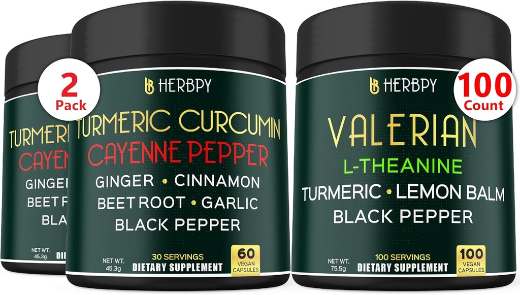 Bundel 7in1 Kurkuma Curcumin & 5in1 Valeriaan wortelsupplement - Ondersteuning van spijsvertering, hartgezondheid, immuun en ontspanning