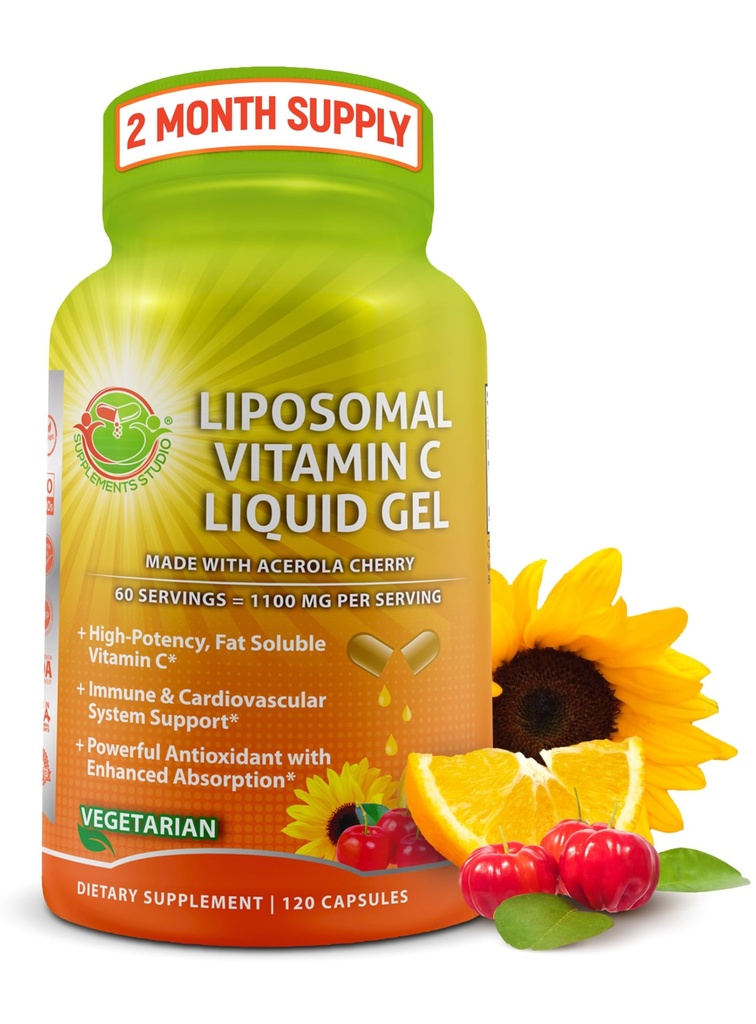 Liposomale Vitamine C Liquid Gel Capsules - 1100mg - Gemaakt met biologische Acerola Kersen, Hoge Potentie Vitamine C Liposomale Immuun Ondersteuning Supplement met verbeterde Absorptie & Biobeschikbaarheid - 120 telling