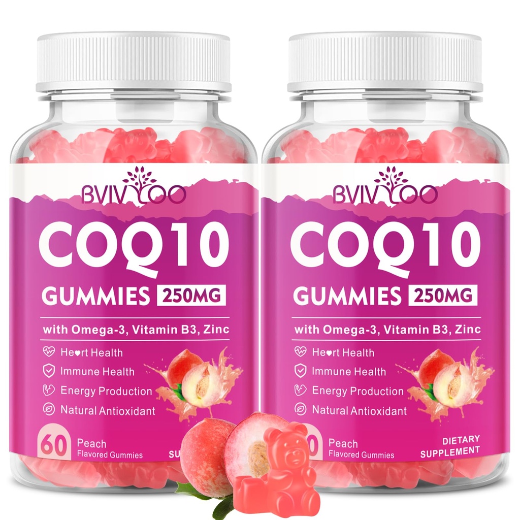 2 Pack CoQ10 Gummies 250mg, Plus Omega-3, Vitamine B3 & Zink, Magnesium - Hoge Absorptie Co-enzym Q10 Supplementen voor de gezondheid van het hart, Cellulaire Energie, & Antioxidant Ondersteuning, 120 Tellen