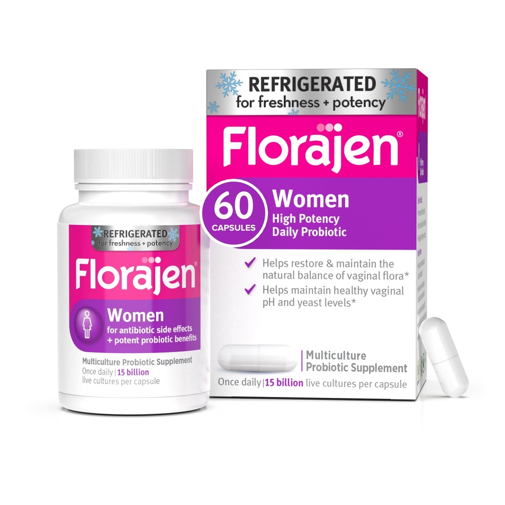 Florajen Women’s Vaginal Probiotic - Gut Health, Vaginal pH Balance, & Constipation Relief - Multi-Strain Formula with Lactobacillus - Refrigerated for Potency - 60 Capsules