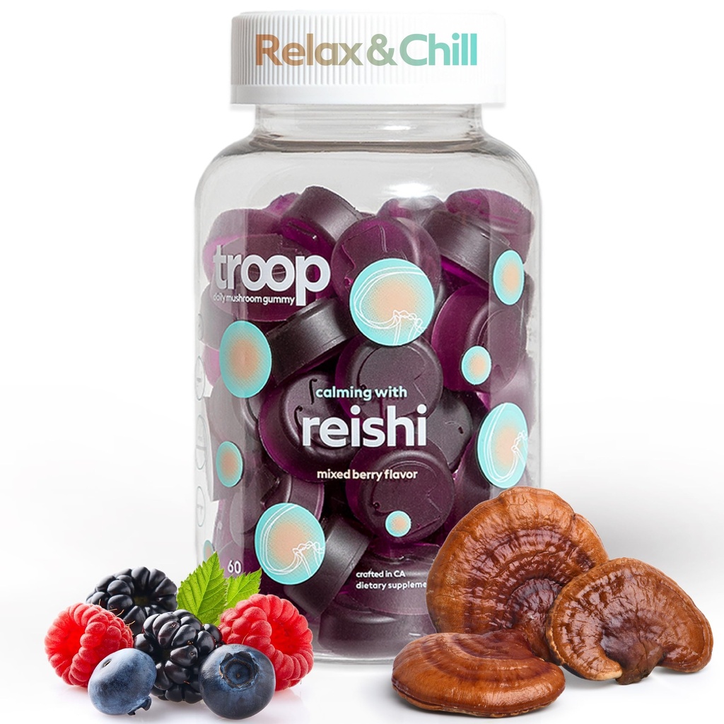 Troop Reishi Mushroom Gummies - Kalmerende Gummies voor volwassenen en kinderen - Focus Supplement voor stress, ontspanning, Immune Ondersteuning - 4000mg Triple-Extracted Fruiting Body - gemengde Berry, 60 Tellen