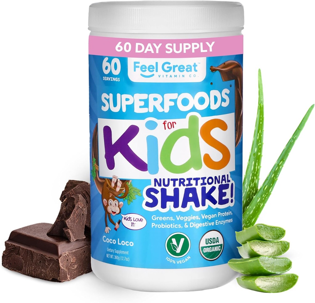 Kinderen Biologische Super Greens Poeder met Fruit & Veggies - All-In-One Kids Multivitamine gemaakt van echte planten - Geen synthetische vitaminen, geen Fillers of Binders, geen suiker toegevoegd.