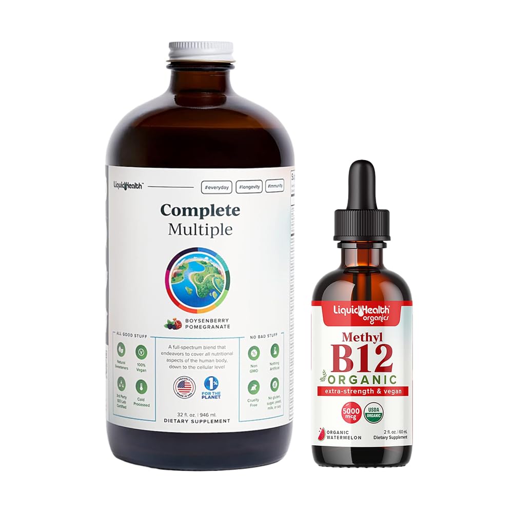 LIQUIDHEALTH Complete Multi-Daily Multivitamine & Organic Methyl B12 5000mcg Vitaminedruppels met Tart Cherry Juice voor Immune Support, Natuurlijke Energie Boost, Verbeterde Geheugen & Focus, Algemene Gezondheid