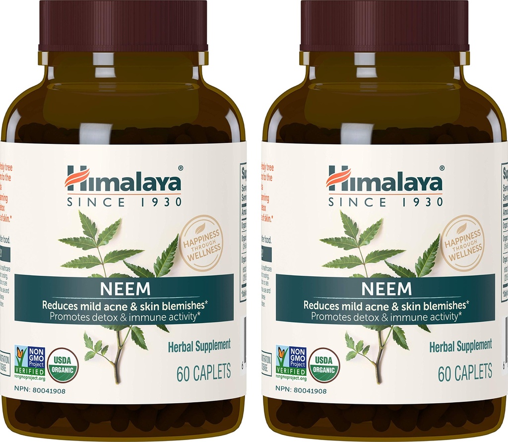 Himalaya Organic Neem Herbal Supplement, voor Mild Acne & Clear Skin, Purifying, Ayurvedic, USDA Certified Organic, Non-GMO, Vegan, 600 mg, 60 Plant Based Caplets, 2 Pack