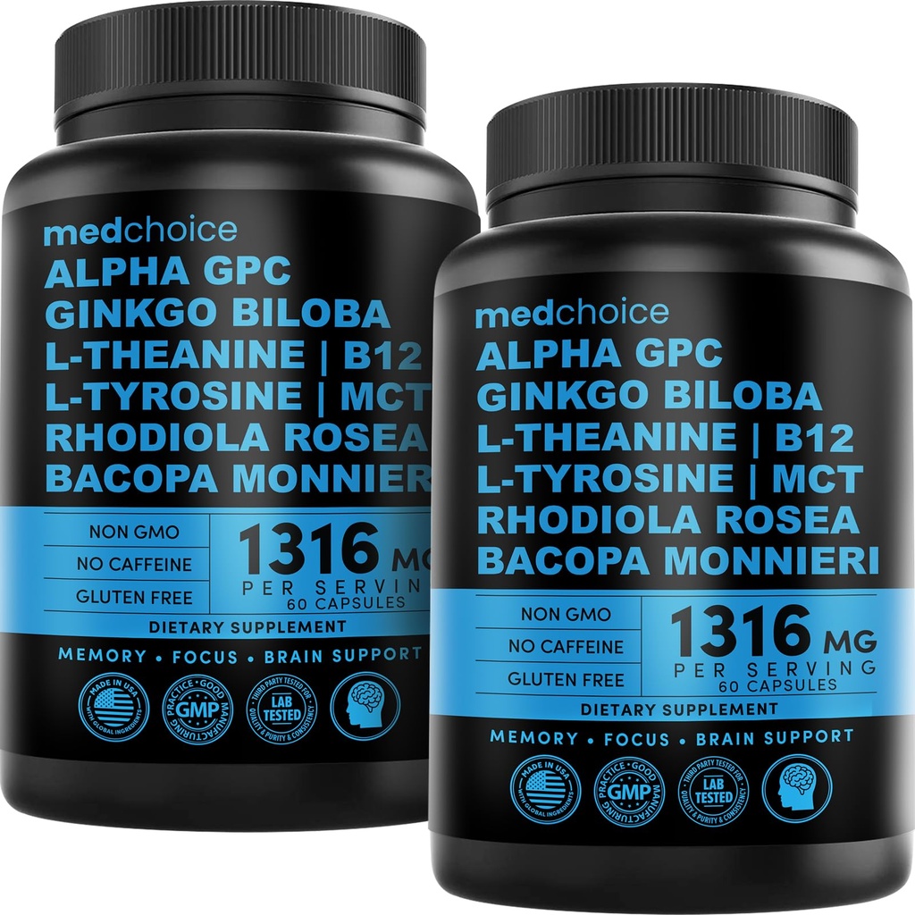 12-in-1 Nootropic Brain Supplement Anhydraat: Ginkgo Biloba voor Hersenondersteuning, Geheugen en Focus - B12, Alpha GPC, L Theanine en Choline Supplementen met Bioperine Non Cafeinated 1321mg (120ct)