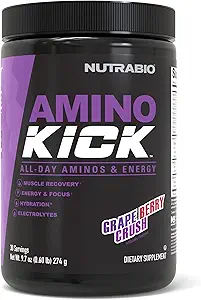 NutraBio Amino Kick – BCAA Powder with Natural Caffeine – Amino Acids Supplement for Energy, Hydration & Recovery – BCAAs, Electrolytes & Amino Acids – Grape Berry Crush, 30 Servings