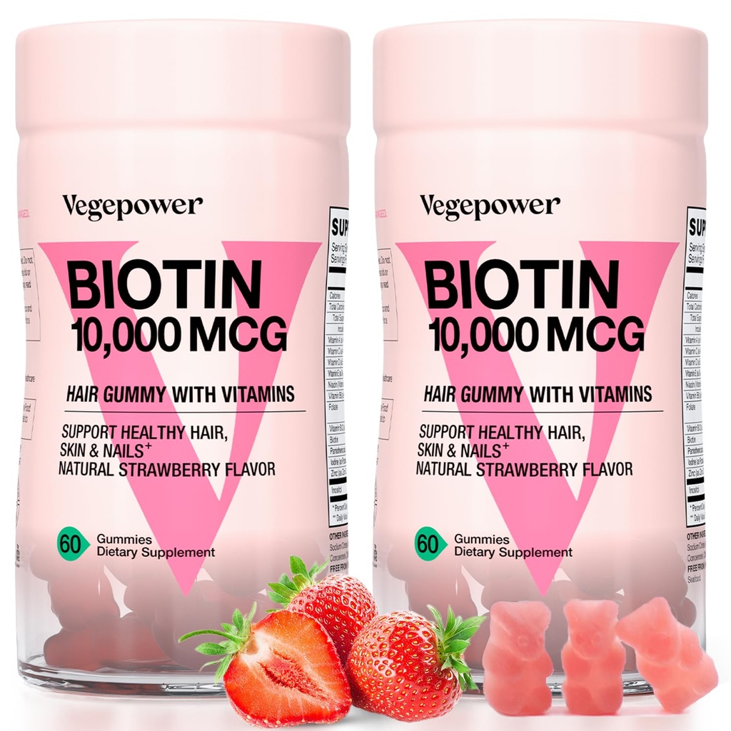 Biotin Gummies 10000mcg Supplements - with Vitamin C, A, D, B-Complex, Folate, Zinc for Women & Girls- Vegan Biotin Hair Growth Gummy for Healthy Hair and Nails, Non-GMO, Strawberry, 120 Bear