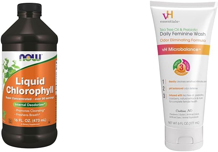NOW Supplementen, Liquid Chlorofyl, Super Concentrated, Internal Deodorizer*,Boost Energy & vH Essentials, Ph Balanced Daily Vrouwelijke Wash, Tea Tree Oil & Prebiotic, 6, Fl Oz, (Pack of 1)