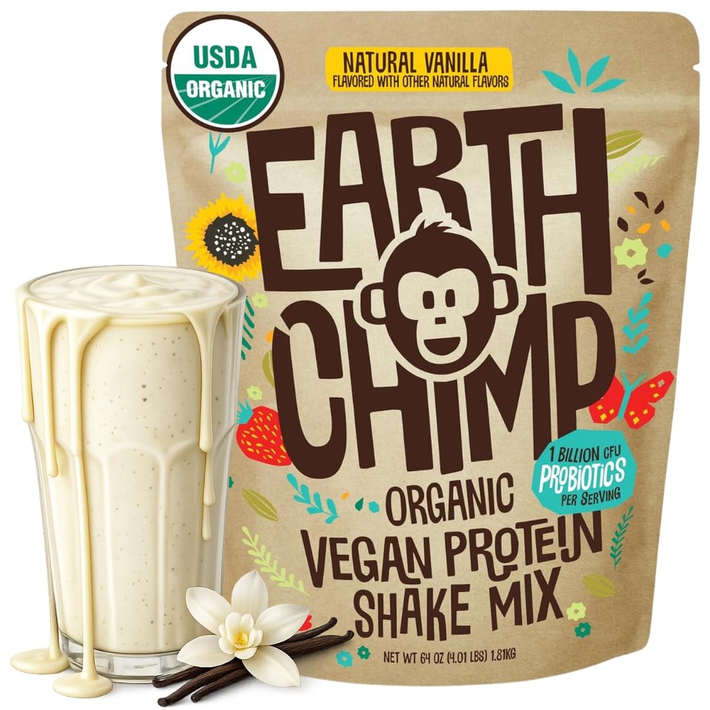 EarthChimp Organic Vegan Protein Powder - with Probiotics - Non GMO, Dairy Free, Non Whey, Plant Based Protein Powder for Women and Men, Gluten Free - 52 Servings 64 Oz (Vanilla)