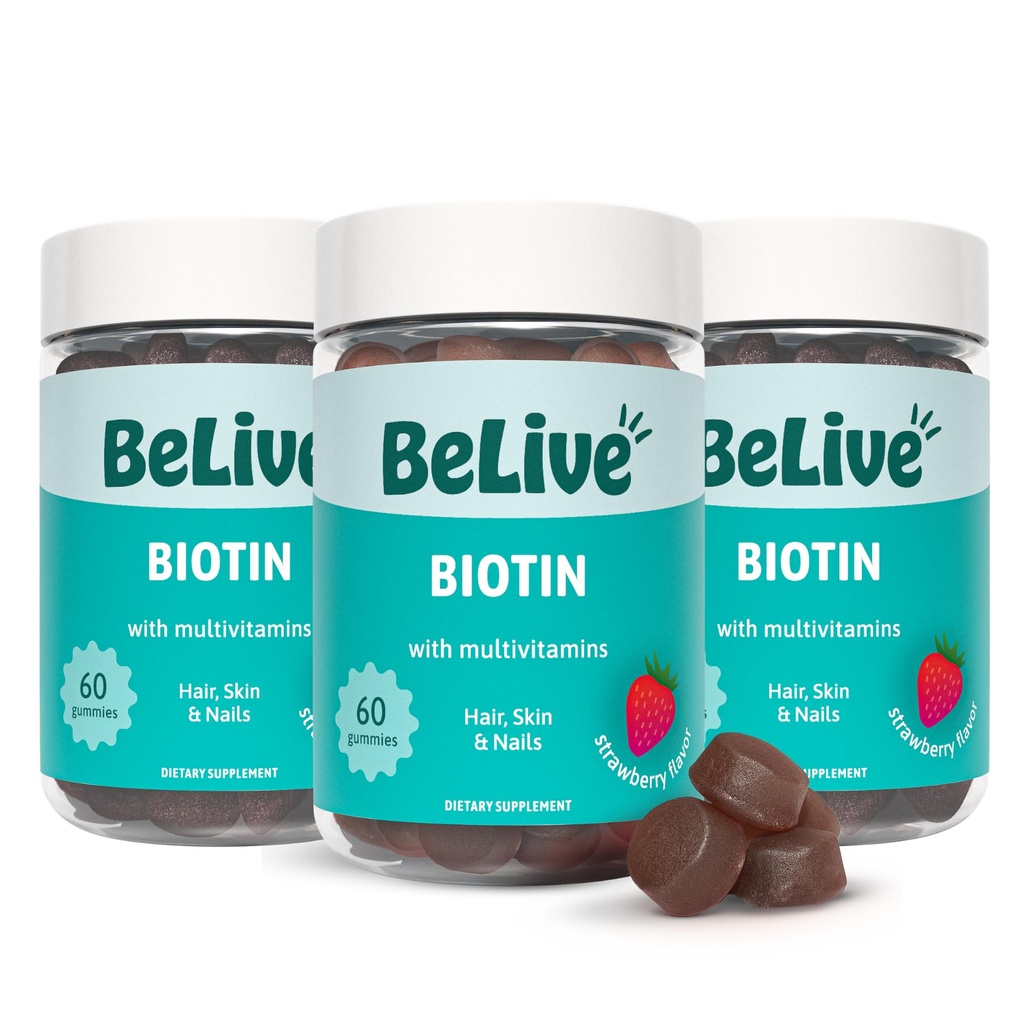 Belive Biotin Gummies - Huid, nagels en haarvitaminen met A, C, D, E, B12, Zink, Folaat & Inositol, Biotin Supplement for Anti-Aging, Energy & Collageen Boost, Multivitamine Gummies - Aardbei 