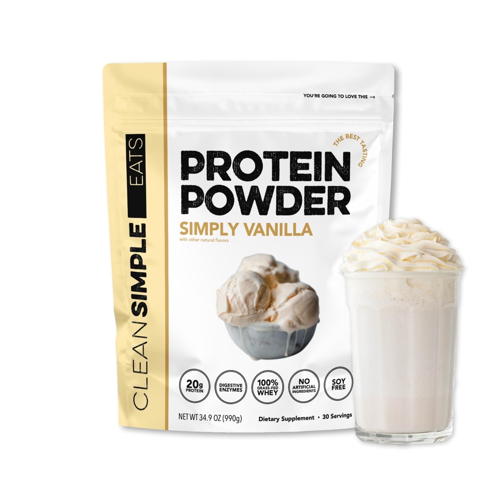 Clean Simple Eats Wei Proteine Powder, Simply Vanille Flavor Naturally Sweetened, 100% Grass Fed Proteine Powder met spijsverteringsenzymen & Geen kunstmatige ingrediënten, Glutenvrij, 30 porties
