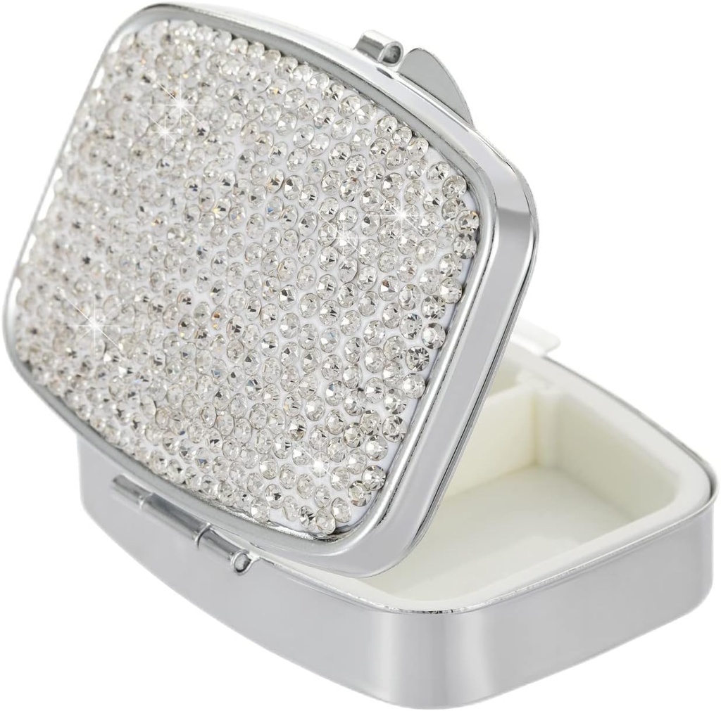 Pocket Pharmacy Bling 2 Compartiment Medicine Organizer Small Cute Pill Container Travel Pill Box Case voor Purse Square Vitamine houder voor Pocket(Zilver)