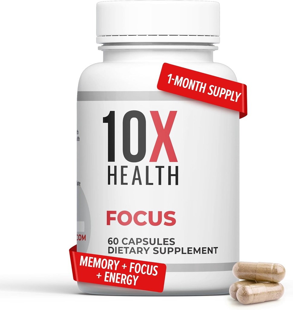 10X Health Focus Rhodiola Rosea - Hersensupplementen voor Geheugen en Focus - 60 capsules Focus Supplement, Geheugensupplement voor Brain Health met Ginkgo Biloba, Huperzine A - Ginkgo Biloba Capsules
