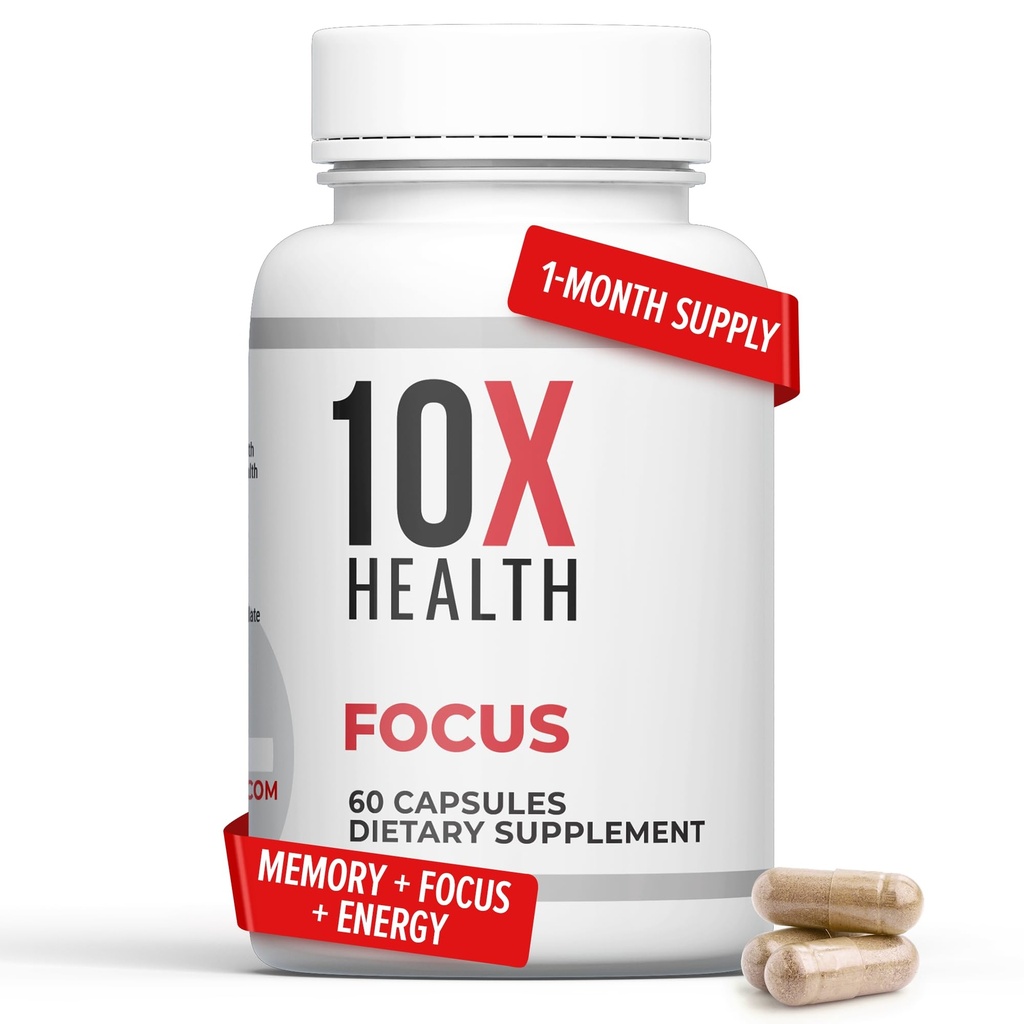 10X Health Focus Rhodiola Rosea - Hersensupplementen voor Geheugen en Focus - 60 capsules Focus Supplement, Geheugensupplement voor Brain Health met Ginkgo Biloba, Huperzine A - Ginkgo Biloba Capsules
