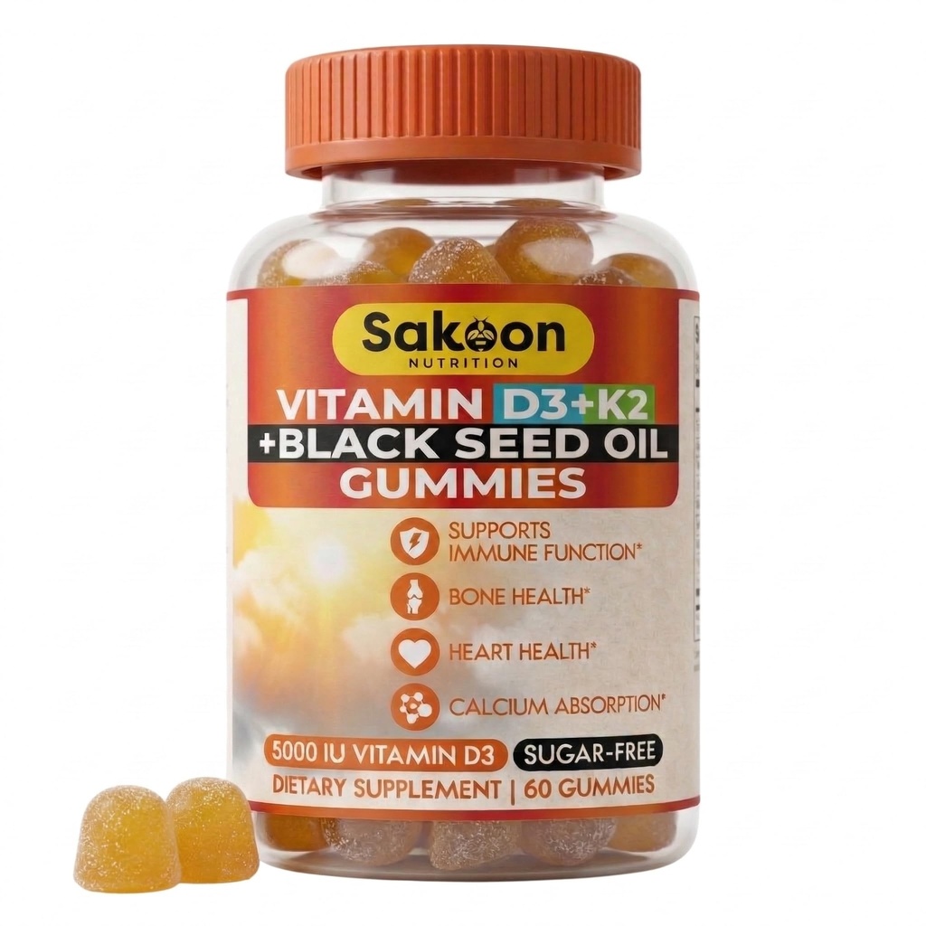 Sakoon voeding 5000 IE vitamine D3 K2 vitaminesupplement met zwarte zaadolie voor botten, tanden, spieren en immuniteitsondersteuning, niet-GMO en glutenvrij, 60 kauwtabletten