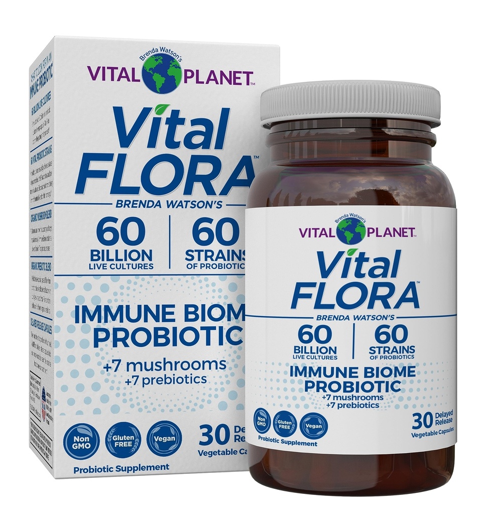 Vital Planet - Vital Flora Immune Support Probiotic, 60 miljard CFU, Diverse Strains, Biologische Paddestoel Supplement Mengen met Prebiotica, Digestieve Gezondheid Probiotica voor vrouwen en mannen 30 Capsules