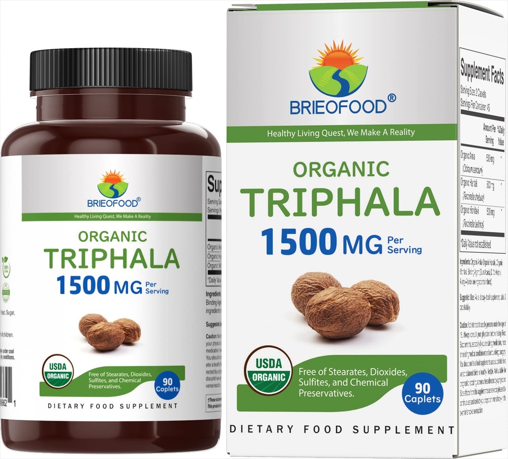 Brieofood Biologische Triphala 1500mg, 45 porties, Vegetarisch, Glutenvrij, 90 Vegetarische tabletten