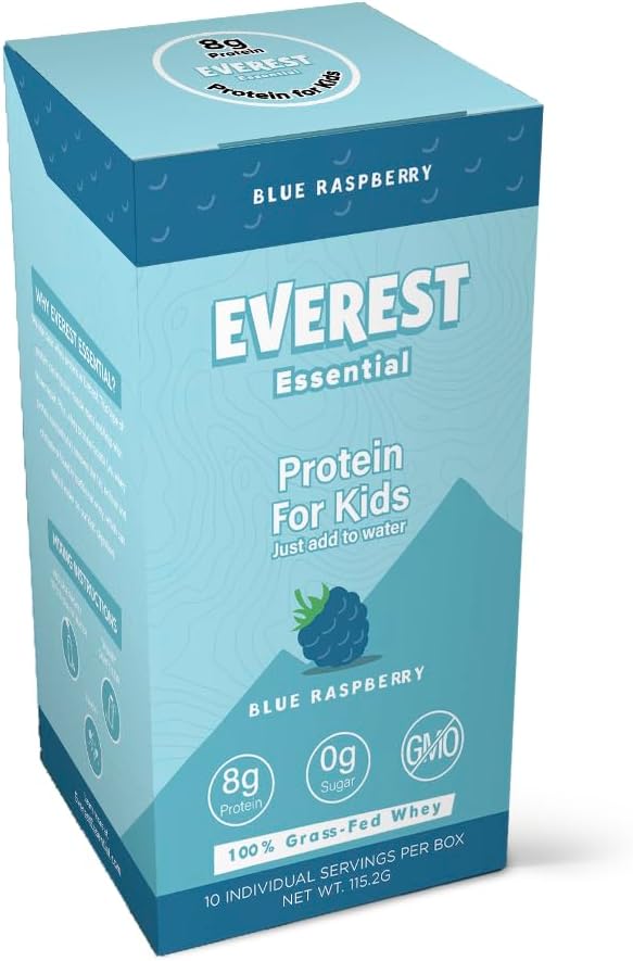 Everest Essential, Kid's Clear Whey Protein Powder (Blue Raspberry, 10 Packets) Proteine Drink Mix voor kinderen, Elektrolyten voor kinderen, 8g Proteine Per Serving, Niet GGO, Zero Toegevoegd Suiker