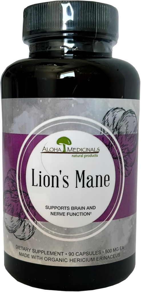 Aloha Medicijnen Leeuwen Mane, Certified Organic Mushroom Supplement,Ondersteunt Geheugen en Concentratie, Verpakking van 1, 90 Capsules Elk