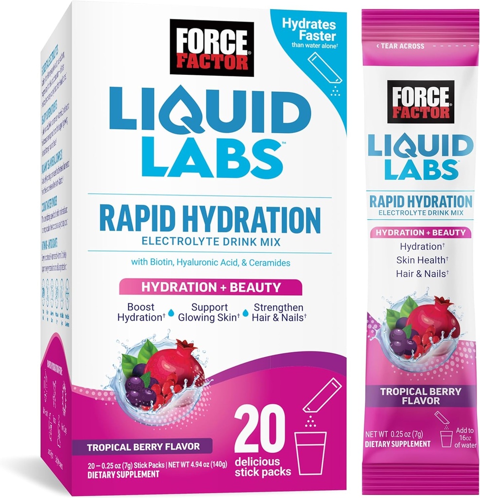 Force Factor Liquid Labs Beauty, Hydration Packet voor Sterker haar, huid en nagels. Elektrolytenpoeder met Hyaluronzuur, Biotine en Ceramiden. Tropische Berry smaak, 20 stick Packs