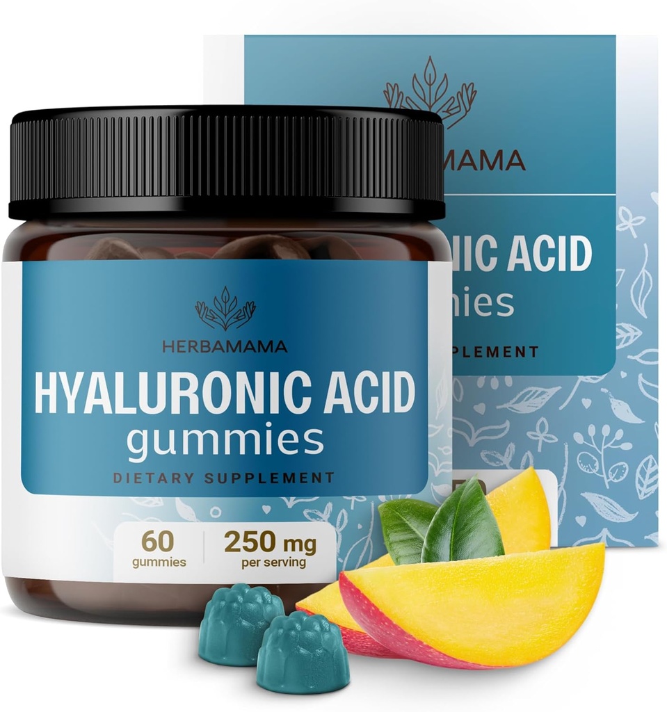 HERBAMAMA Hyaluronzuur Gummies - 250mg Pure Hyaluronzuur voor haar, huid en nagels ondersteuning - Vegan, niet-GMO huid elasticiteit Supplement - 60 Pectin-based Mango-smaak Kauwen