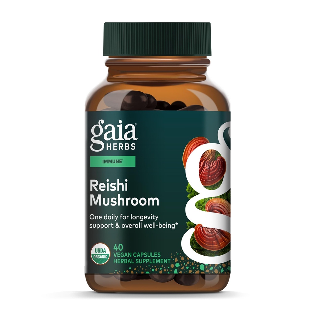 Gaia Herbs Reishi Mushroom - helpt een gezond immuunsysteem te behouden en ondersteunt de gezondheid van het hart - Adaptogeen kruidensupplement voor ondersteuning van de lange levensduur - 40 Vegan Liquid Phyto-Capsules (40 dagen)