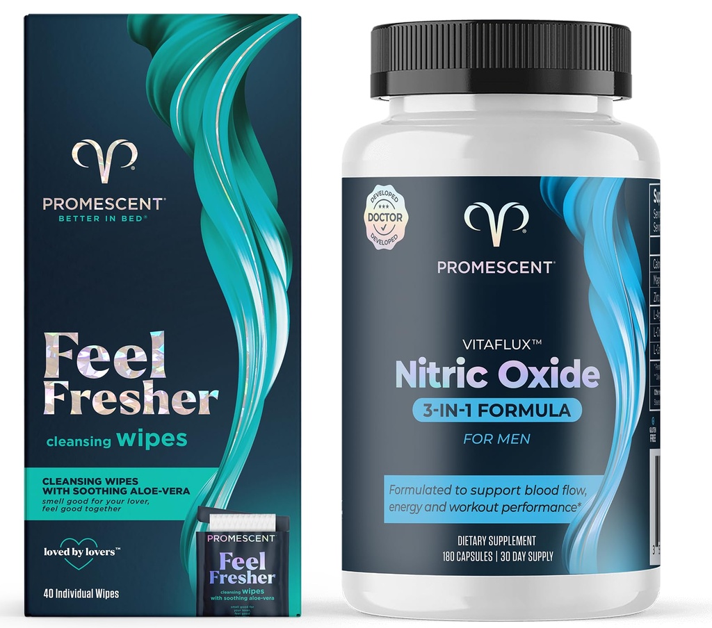 Promescent Flushable Wipes voor volwassenen + VitaFLUX Triple Power Nitric Oxide Supplement voor mannelijke prestaties, uithoudingsvermogen, energie, herstel - L Arginine 2000mg, L Carnitine 1000mg, Zink, Magnesium - Amino A