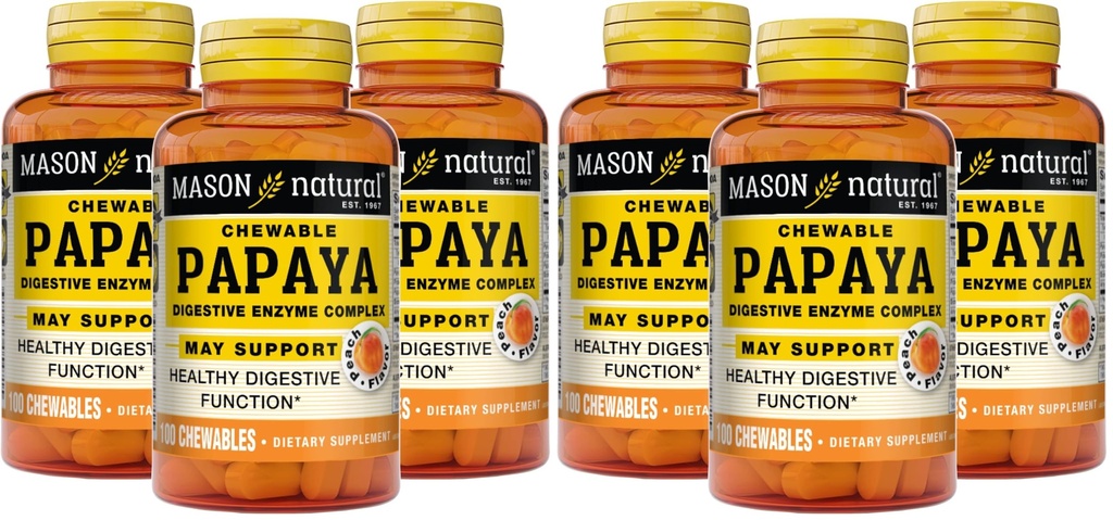 MASON NATUURLIJKE Papaya Digestieve Enzyme Complex - gezonde spijsverteringsfunctie, bevordert Nutriënt Absorptie, Perzik smaak, 100 kauwtabletten (pakket van 6)