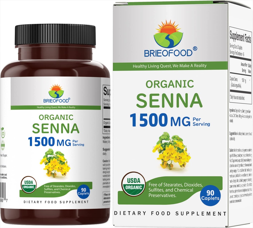 Brieofood Organic Senna 1500mg, 45 Servings, Vegetarian, Gluten Free, 90 Vegetarian Tablets
