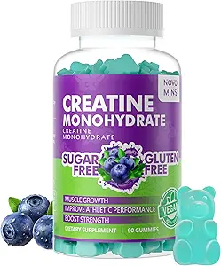 novomins Creatine Monohydrate Gummies for Men & Women, Chewables Creatine Monohydraat voor spierkracht, spier Builder, Energy Boost, Pre-Workout Supplement(180 Count)-Blueberry Flavor. 2 Pack