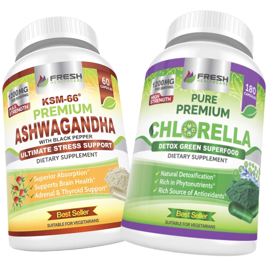 FRESHARE Ashwagandha KSM 66 en Chlorella Detox Superfood - Bundel