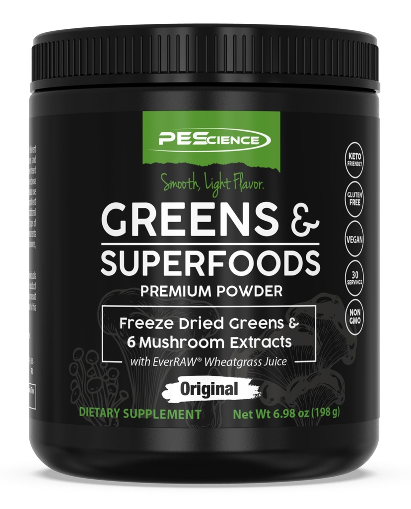 PEScience Greens Powder Superfood met natuurlijke chlorofyl, Reishi & Turkey staart paddopoeders, Freeze-Dried Kale, spinazie, Broccoli Spruitjes, Original Flavor, 30 Servers