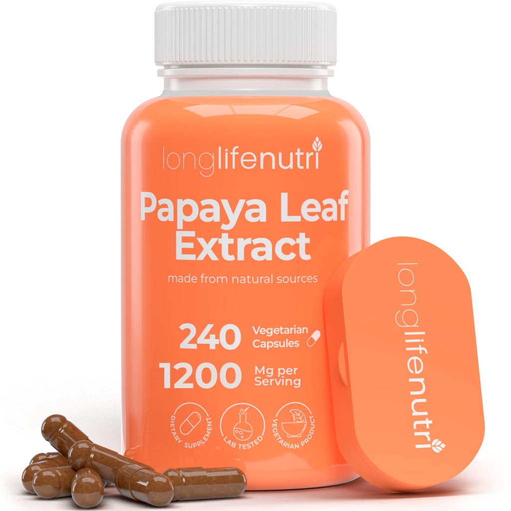 LongLifeNutri Papaya Leaf Extract Supplement 1.200mg per portie - 240 Vegetarische Capsules, 4-maand levering, van Carica Papaya voor dagelijkse wellness, GMP gecertificeerd, Made in USA