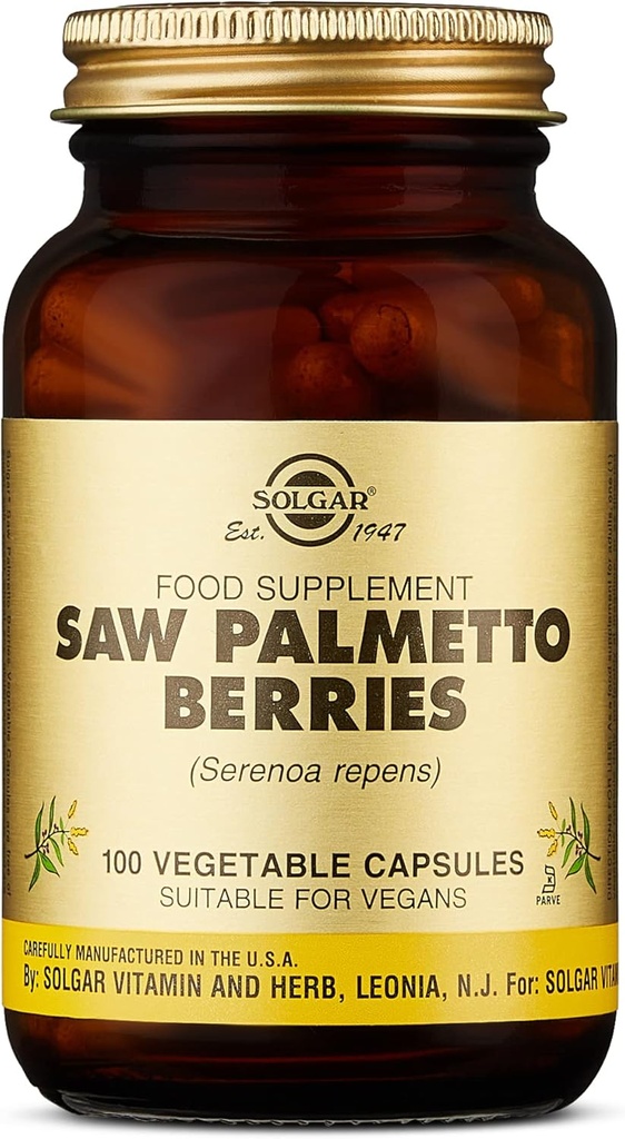 Solgar Saw Palmetto Berries, 100 Vegetable Capsules - Men’s Health - Full Potency - Non-GMO, Vegan, Gluten Free, Dairy Free, Kosher - 100 Servings