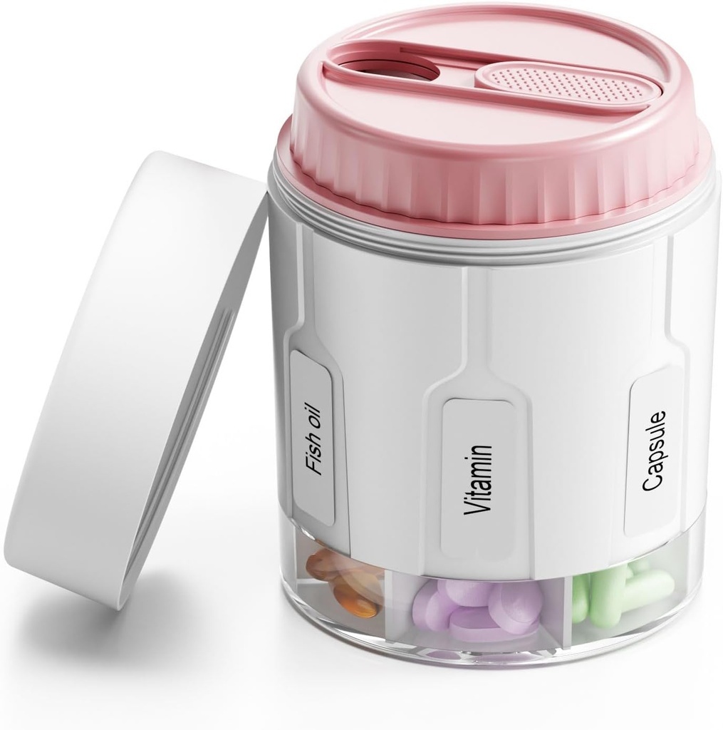 Daviky Pill Bottle Organizer, Supplement Organizer met 7 Large Compartments, Travel Pill Dispenser Ronde Pill Box met Twee Lids(Pink
