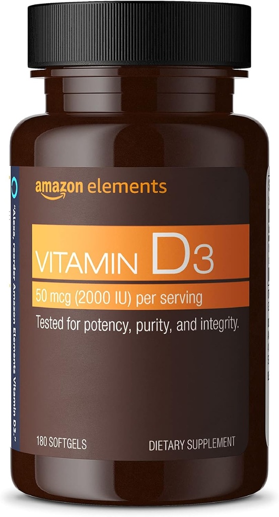 Elementen Vitamine D3, 2000 IE, 180 Softgels, 6 maanden voorraad (Verpakking kan variëren), Ondersteunt sterke botten en immuungezondheid
