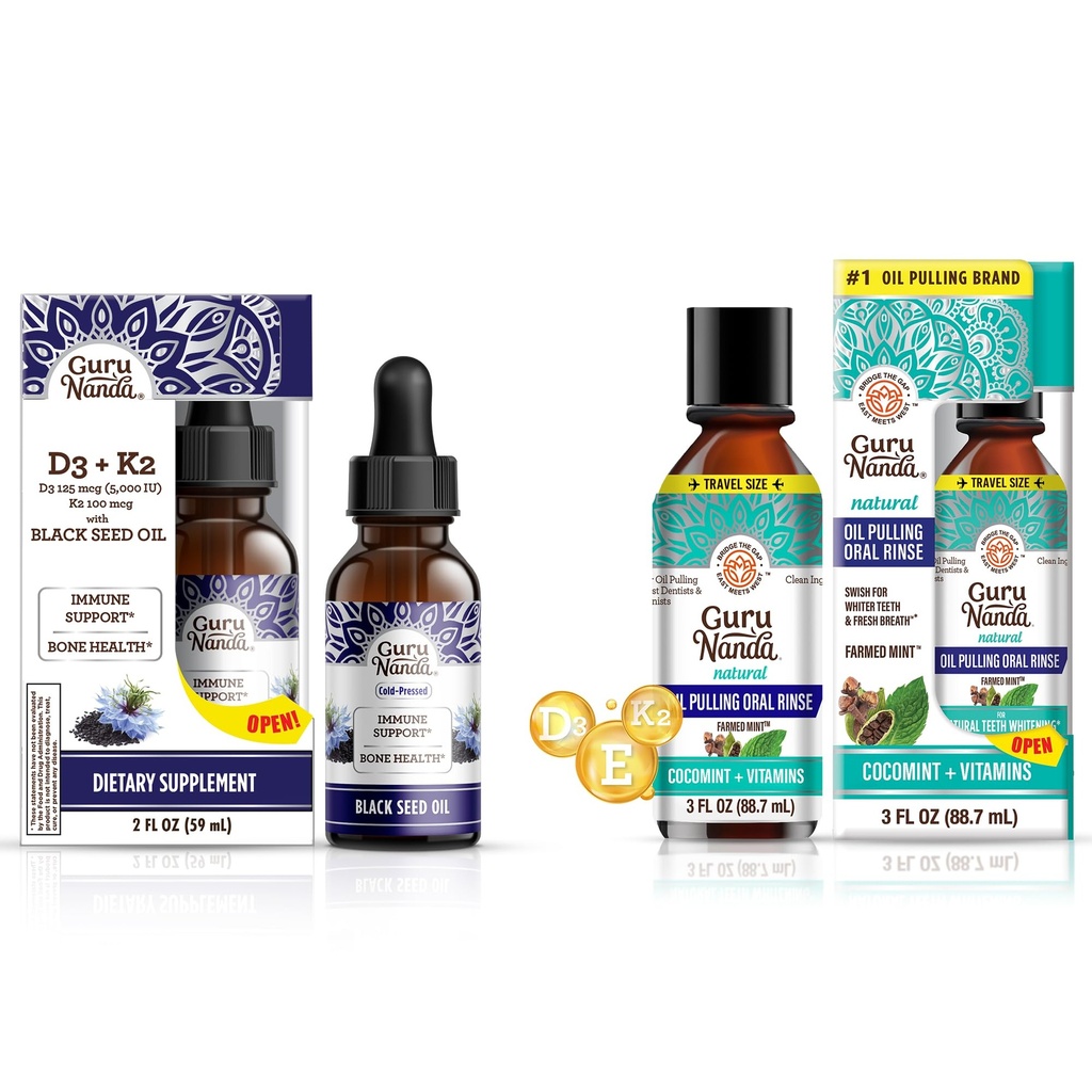 GuruNanda Black Seed Oil 5000 IE Vitamine D3, K2 & E + Kokosolie trekken met essentiële oliën Vitamine D3, E, K2 voor Immune Ondersteuning, Orale Hygiene