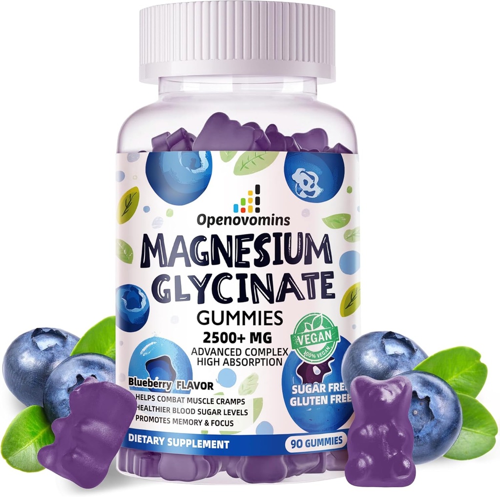 Magnesium Glycinate Gummies 2500mg - Suikervrij Magnesium Kaliumsupplement met Vitamine D, B6, CoQ10 voor Kalm Mood & Slaap Ondersteuning - 90 Blueberry Gummies