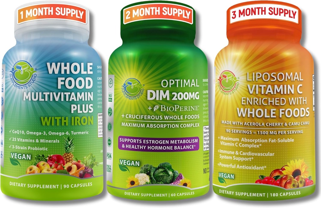 COMPLEMENTS STUDIO Hormone Balance Support & Immune Defense Bundle for Men & Women - Optimal DIM 200mg + Whole Food Multivitamine with Iron + Liposomal Vitamin C 1500mg 