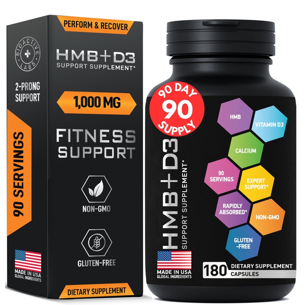 HMB-supplementen met vitamine D3 - 1.000 mg calciumbèta-Hydroxybèta-methylbutyraat per portie voor spiergroei, sterkte en herstel - 180 Glutenvrije, niet-GMO HMB-capsules, 3-maands levering