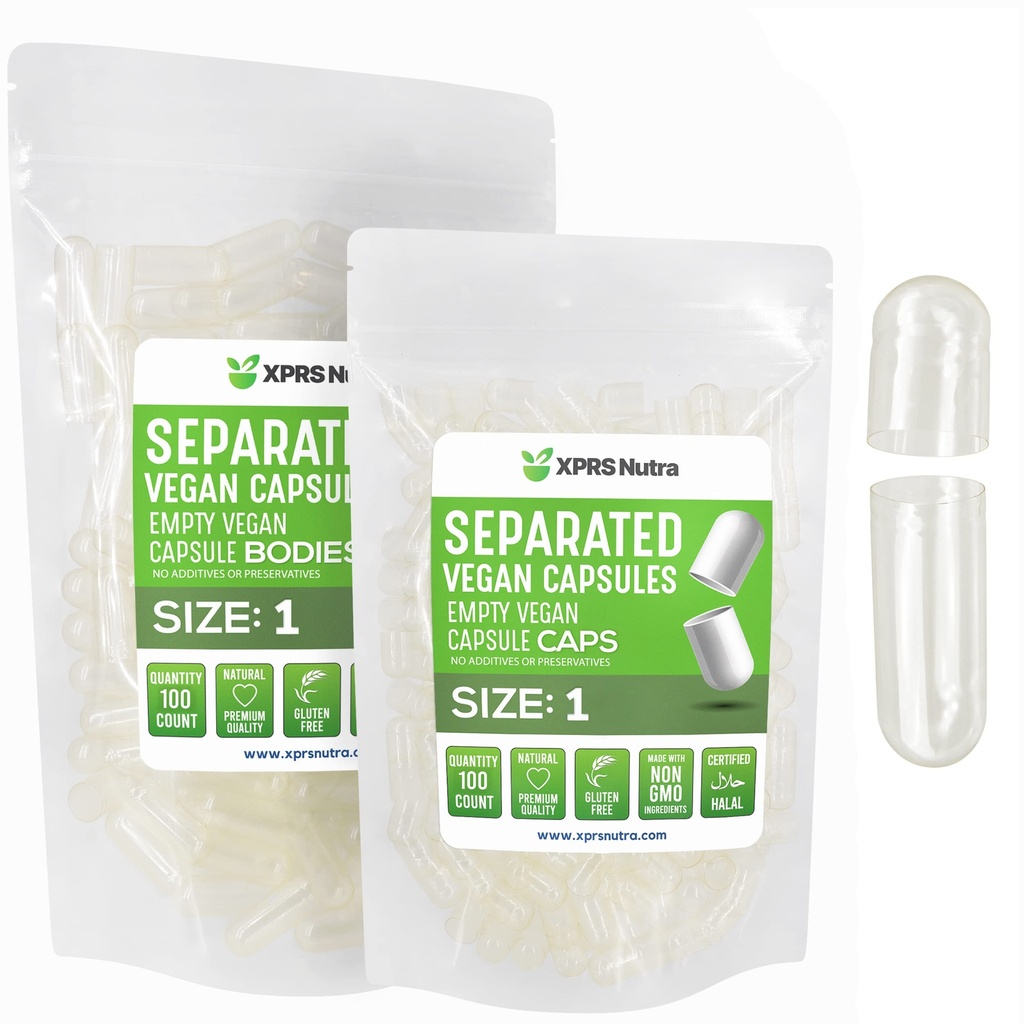 XPRS Nutra Vegan Maat 1 Gescheiden Capsules - 100 Tel Clear Premium Lege Capsules Gescheiden in zakken - Pillen 1 Leeg voor DIY supplement vullen